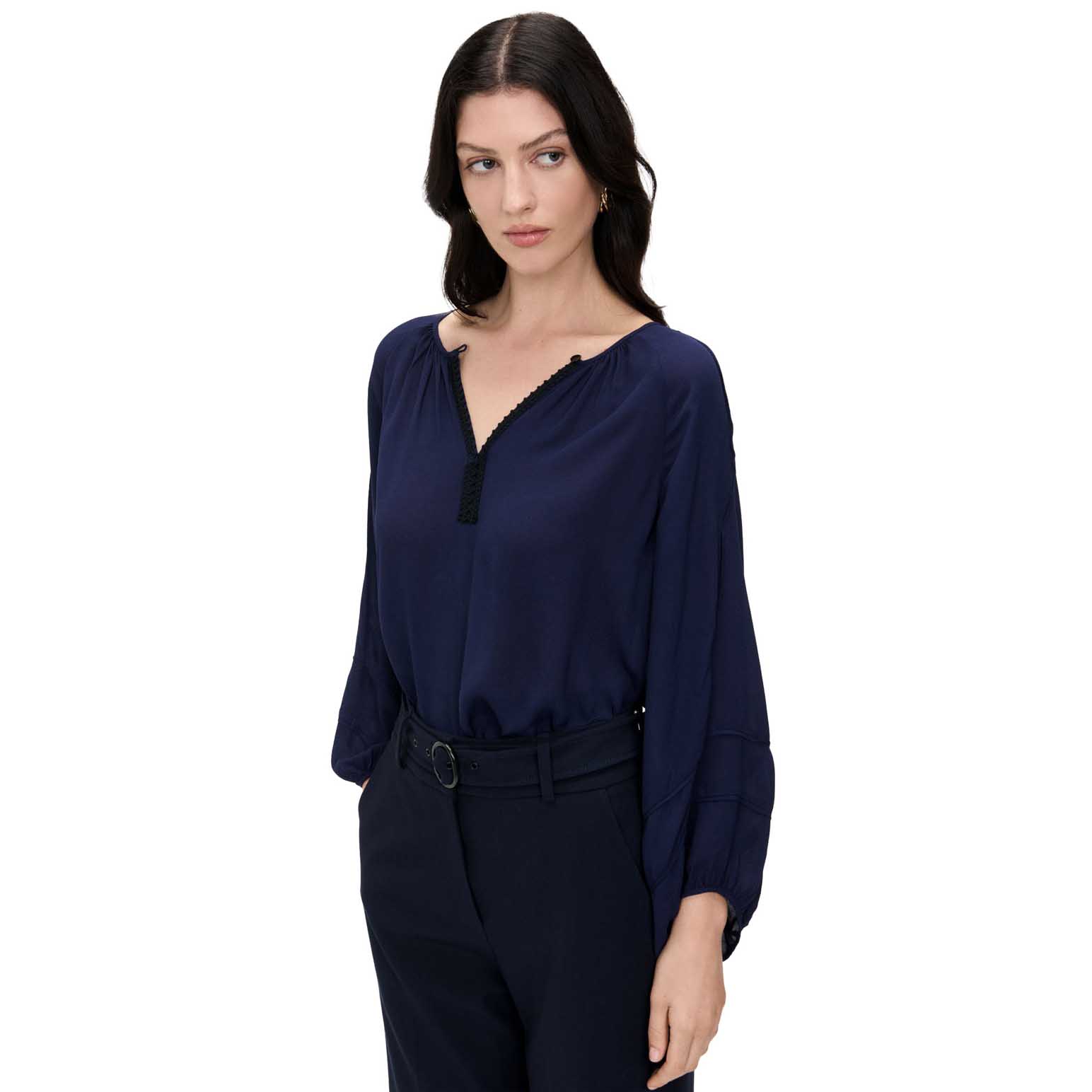 Veronika Maine Georgette Lace Trim Gathered Blouse